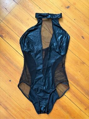 Black Faux Leather & Mesh Halter Bodysuit
